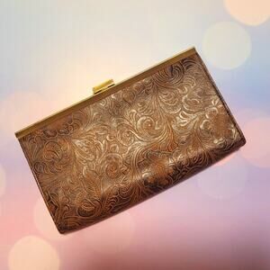 Missco Brown Floral Western Embossed Clutch evening purse -brass clip closure